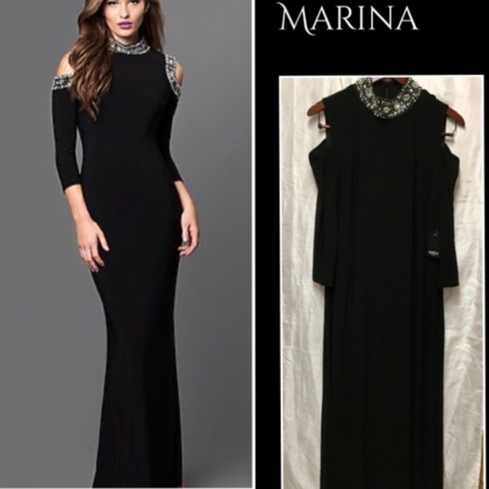 Marina Cold Shoulder Beaded Neck Maxi Dress